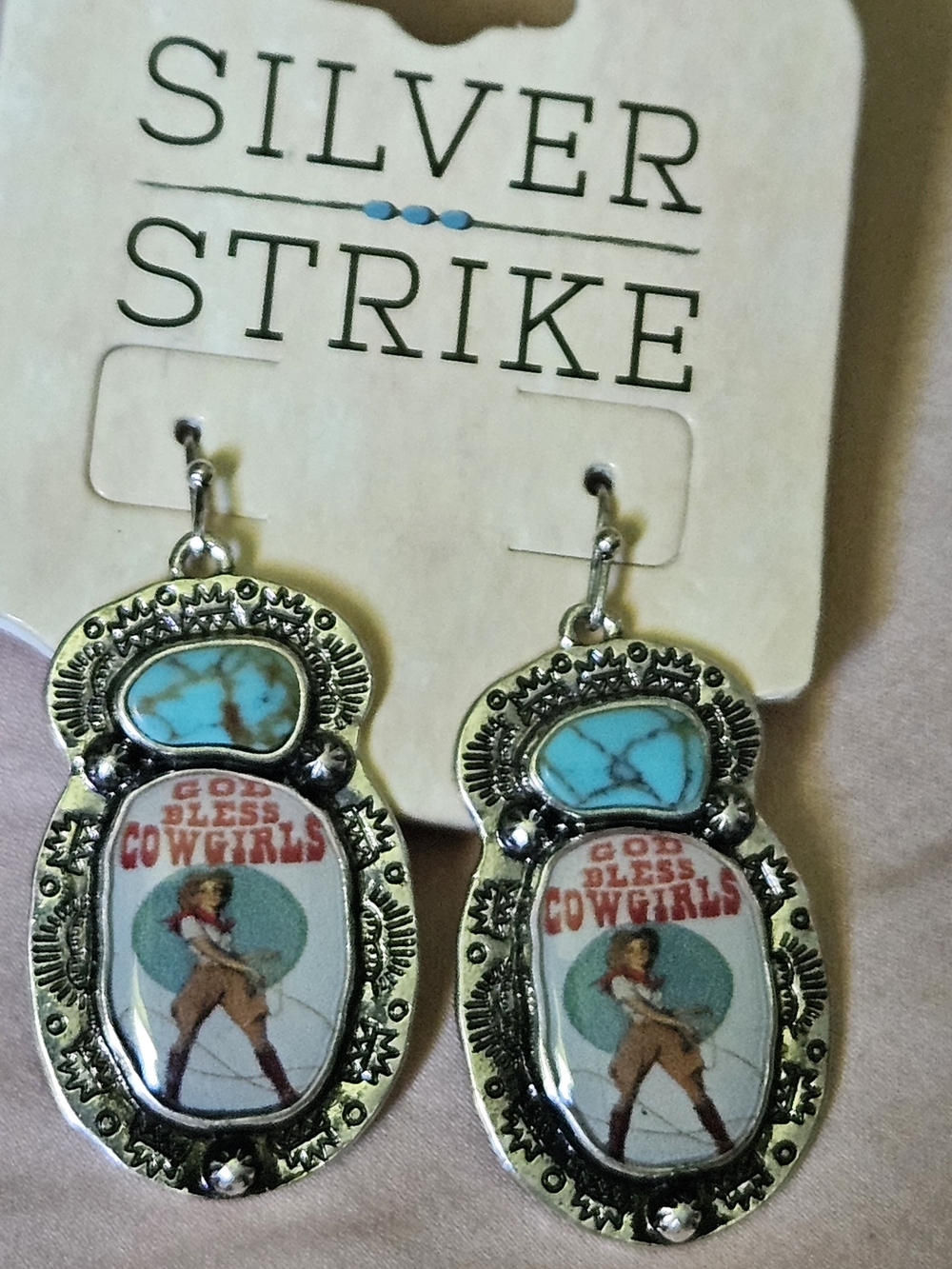 Silver Strike God Bless Cowgirls Earrings Steel Turquoise Metal Vintage New RARE